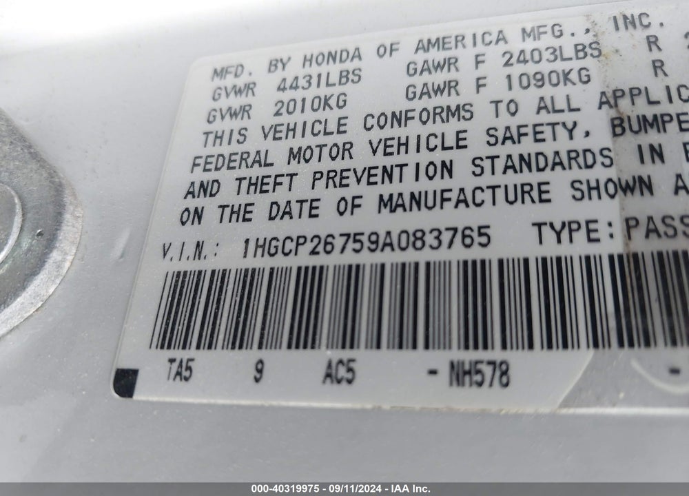 2009 HONDA ACCORD 2.4 EX VIN: 1HGCP26759A083765