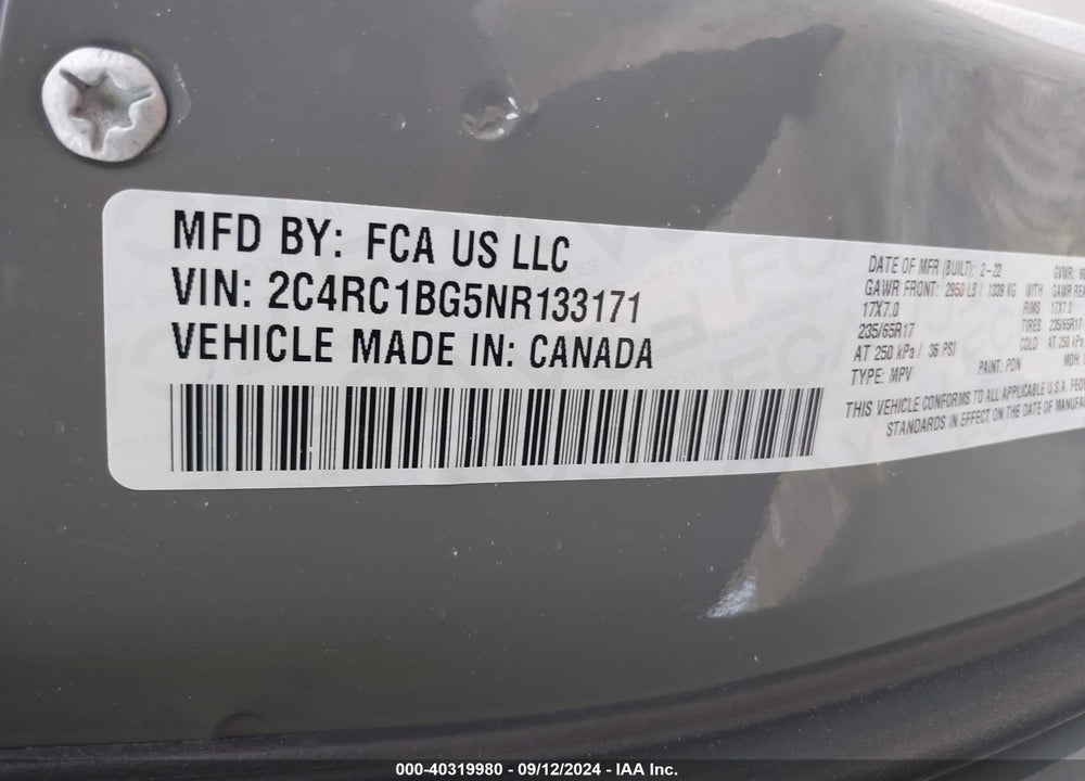 2022 CHRYSLER PACIFICA TOURING L VIN: 2C4RC1BG5NR133171