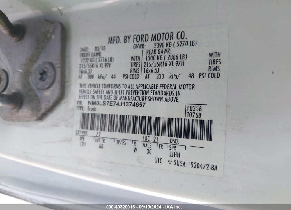 2018 FORD TRANSIT CONNECT XL VIN: NM0LS7E74J1374657