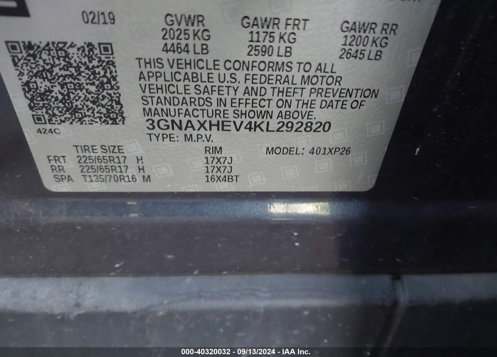2019 CHEVROLET EQUINOX LS VIN: 3GNAXHEV4KL292820