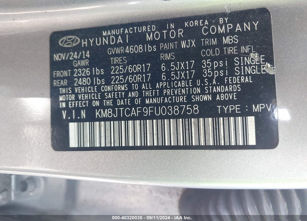 2015 HYUNDAI TUCSON GLS VIN: KM8JTCAF9FU038758