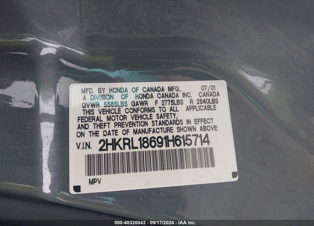 2001 HONDA ODYSSEY EX VIN: 2HKRL18691H615714