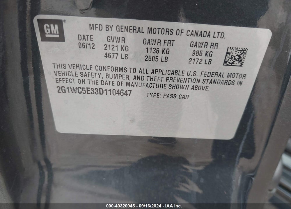 2013 CHEVROLET IMPALA LTZ VIN: 2G1WC5E33D1104647