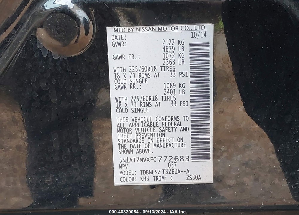 2015 NISSAN ROGUE SL VIN: 5N1AT2MVXFC772683