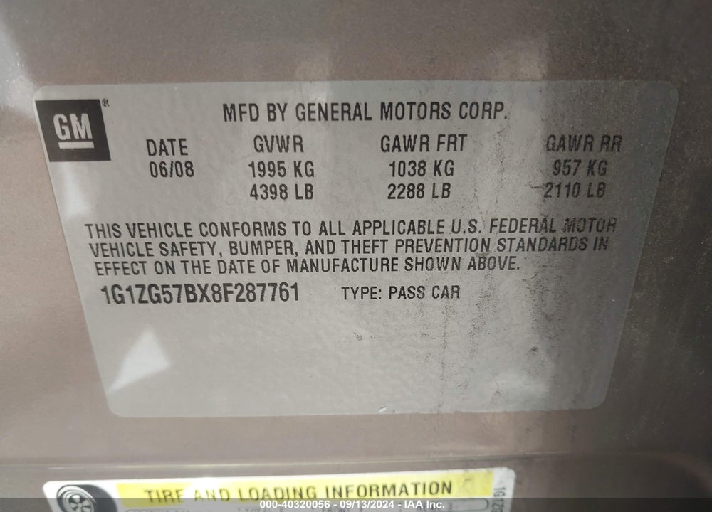 2008 CHEVROLET MALIBU LS VIN: 1G1ZG57BX8F287761