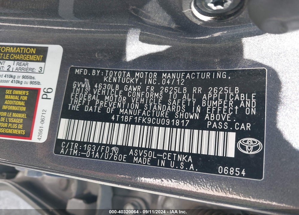 2012 TOYOTA CAMRY LE VIN: 4T1BF1FK9CU091817
