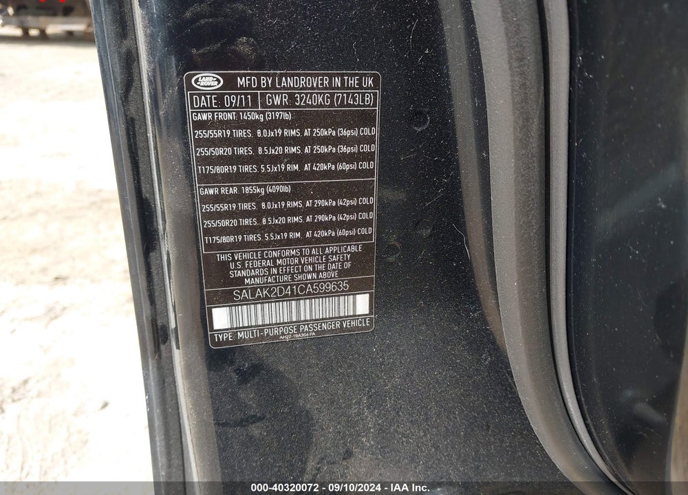 2012 LAND ROVER LR4 VIN: SALAK2D41CA599635