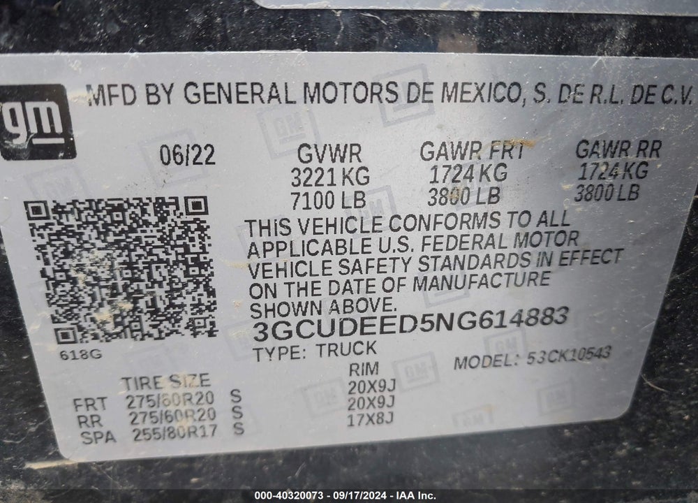 2022 CHEVROLET SILVERADO 1500 4WD SHORT BED RST VIN: 3GCUDEED5NG614883