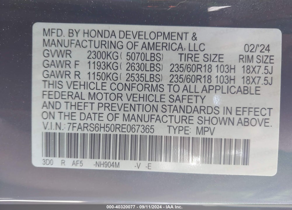 2024 HONDA CR-V HYBRID SPORT VIN: 7FARS6H50RE067365