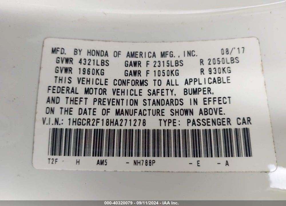2017 HONDA ACCORD SPORT SE VIN: 1HGCR2F18HA271278