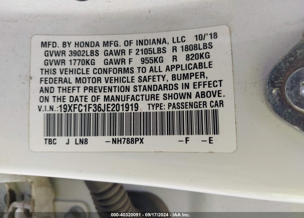 2018 HONDA CIVIC EX-T VIN: 19XFC1F36JE201919