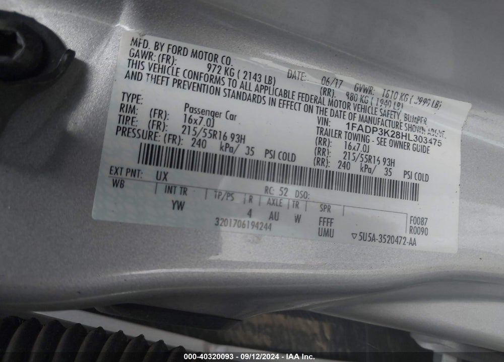 2017 FORD FOCUS SE VIN: 1FADP3K28HL303475