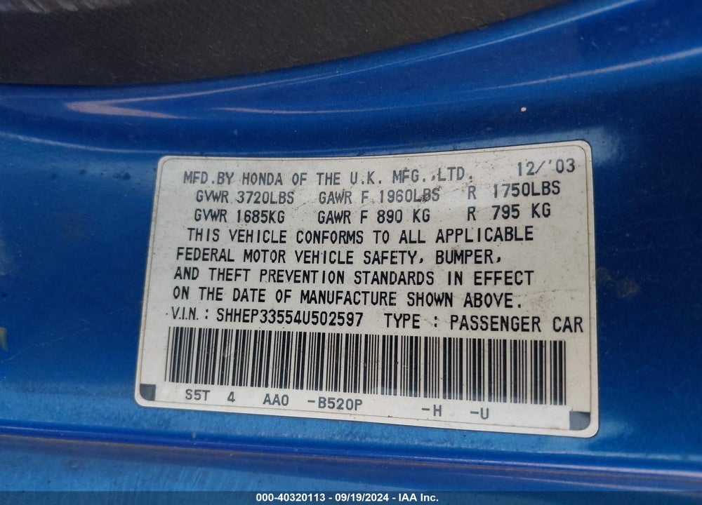 2004 HONDA CIVIC SI VIN: SHHEP33554U502597