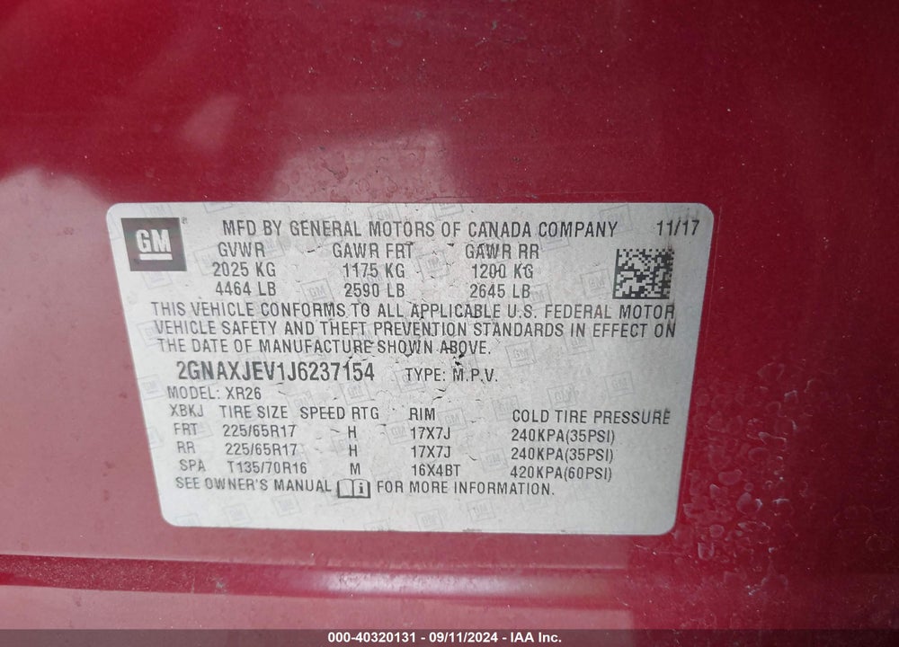 2018 CHEVROLET EQUINOX LT VIN: 2GNAXJEV1J6237154