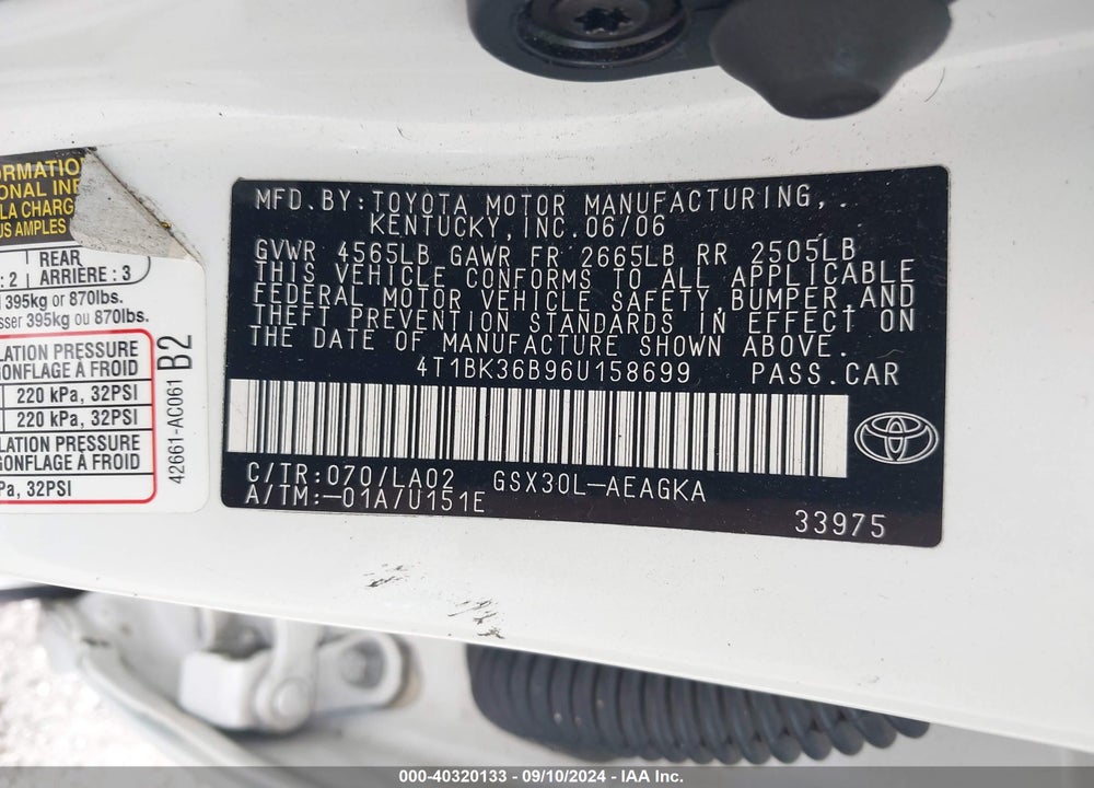 2006 TOYOTA AVALON XLS VIN: 4T1BK36B96U158699