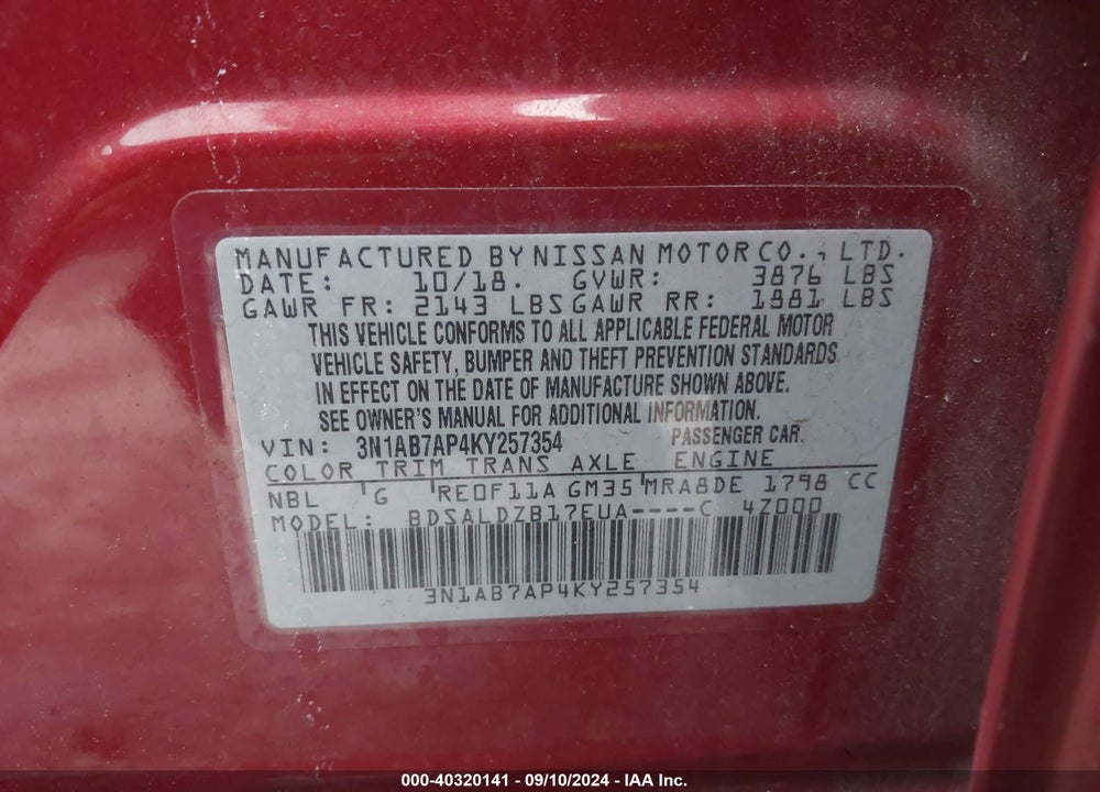 2019 NISSAN SENTRA SV VIN: 3N1AB7AP4KY257354