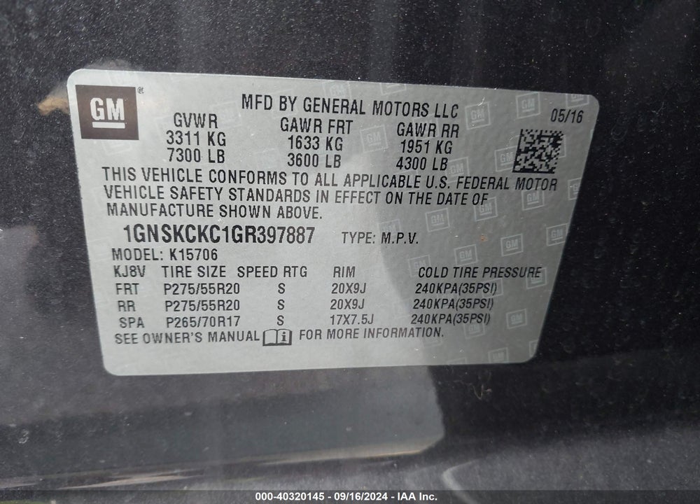 2016 CHEVROLET TAHOE LTZ VIN: 1GNSKCKC1GR397887