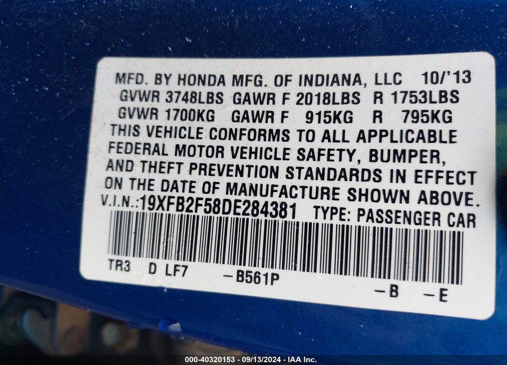 2013 HONDA CIVIC LX VIN: 19XFB2F58DE284381