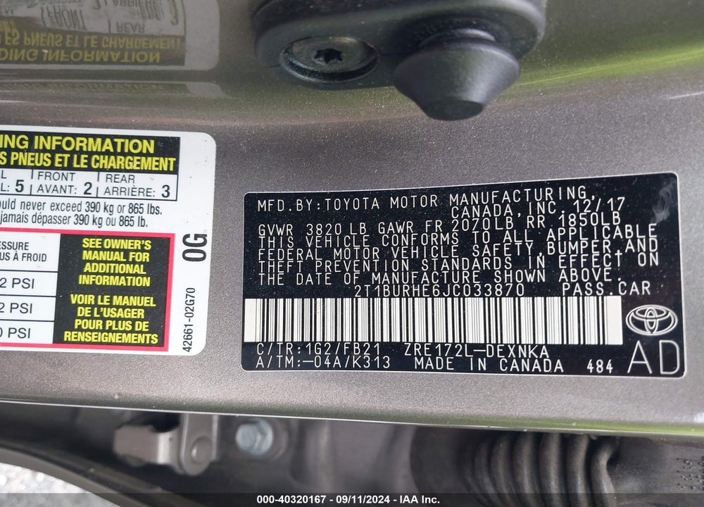 2018 TOYOTA COROLLA LE VIN: 2T1BURHE6JC033870
