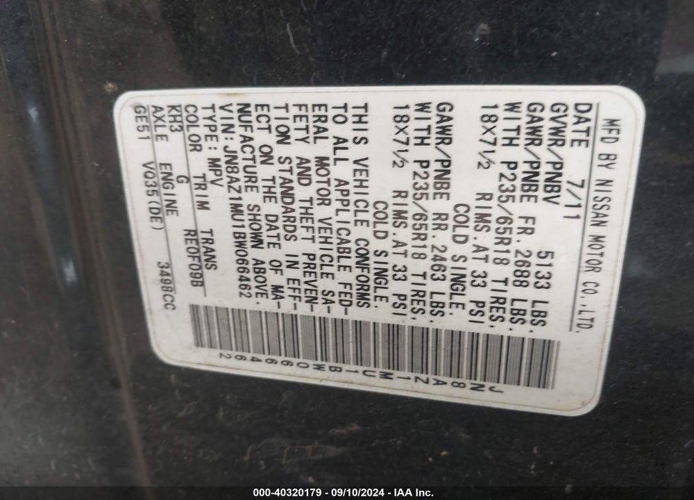 2011 NISSAN MURANO SV VIN: JN8AZ1MU1BW066462