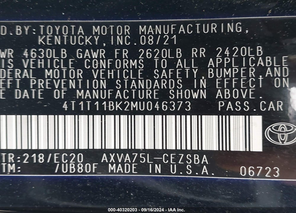 2021 TOYOTA CAMRY SE NIGHTSHADE EDITION AWD VIN: 4T1T11BK2MU046373