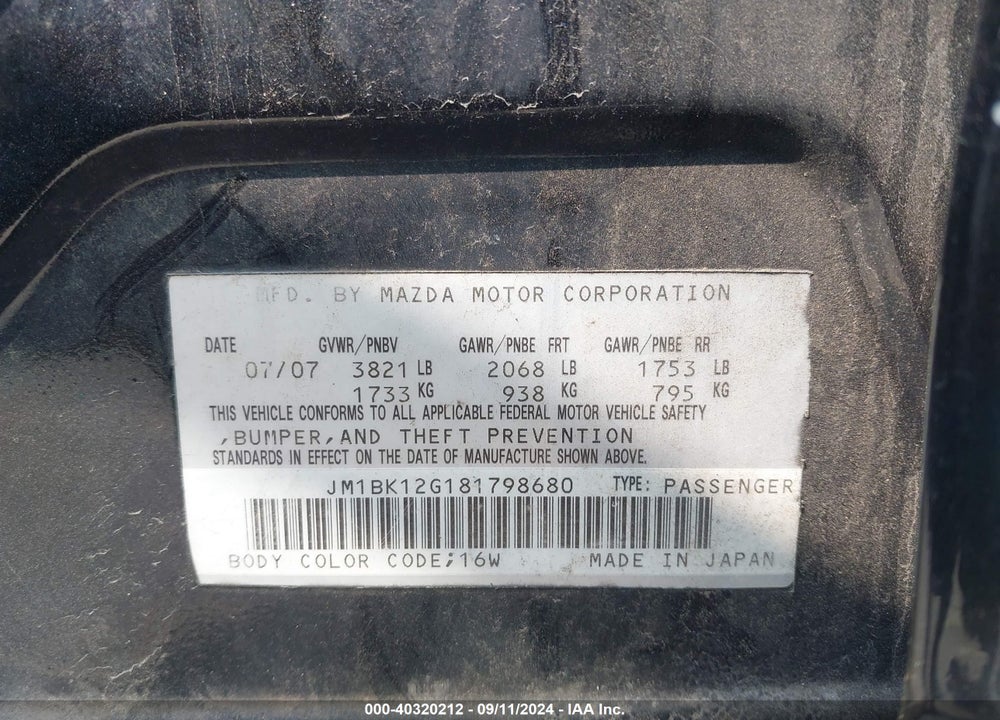 2008 MAZDA 3 I VIN: JM1BK12G181798680