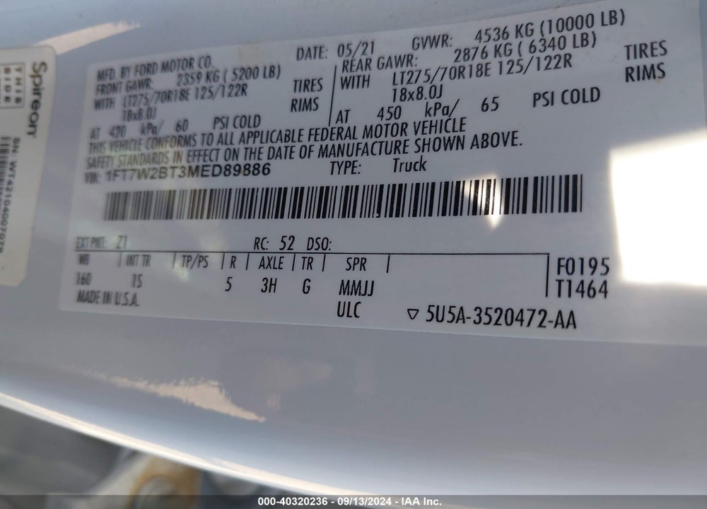 2021 FORD F-250 XL VIN: 1FT7W2BT3MED89886