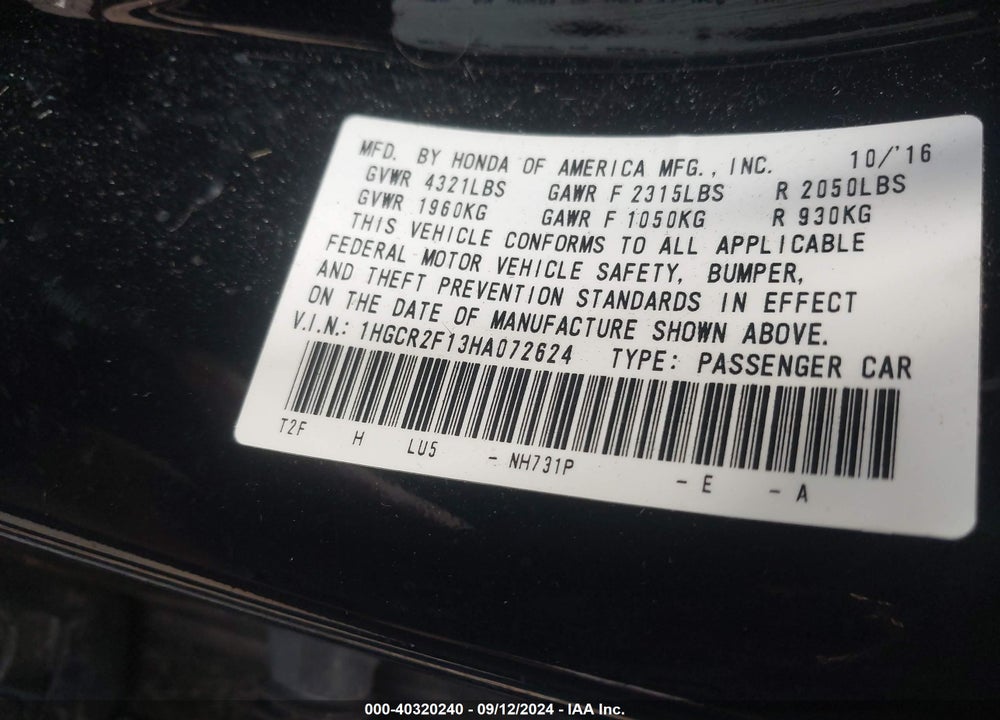 2017 HONDA ACCORD SPORT SE VIN: 1HGCR2F13HA072624