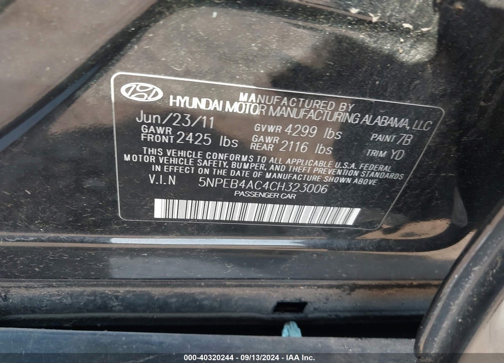 2012 HYUNDAI SONATA GLS VIN: 5NPEB4AC4CH323006