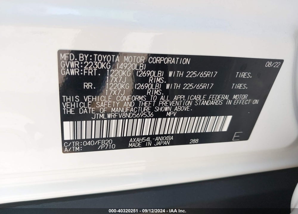 2022 TOYOTA RAV4 HYBRID VIN: JTMLWRFV8ND569536