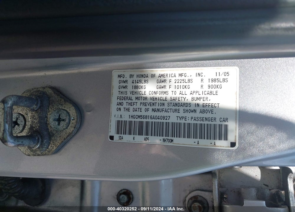 2006 HONDA ACCORD 2.4 EX VIN: 1HGCM56816A040927