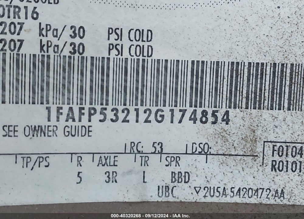2002 FORD TAURUS SE VIN: 1FAFP53212G174854