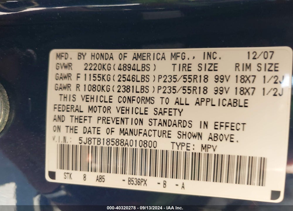 2008 ACURA RDX VIN: 5J8TB18588A010800