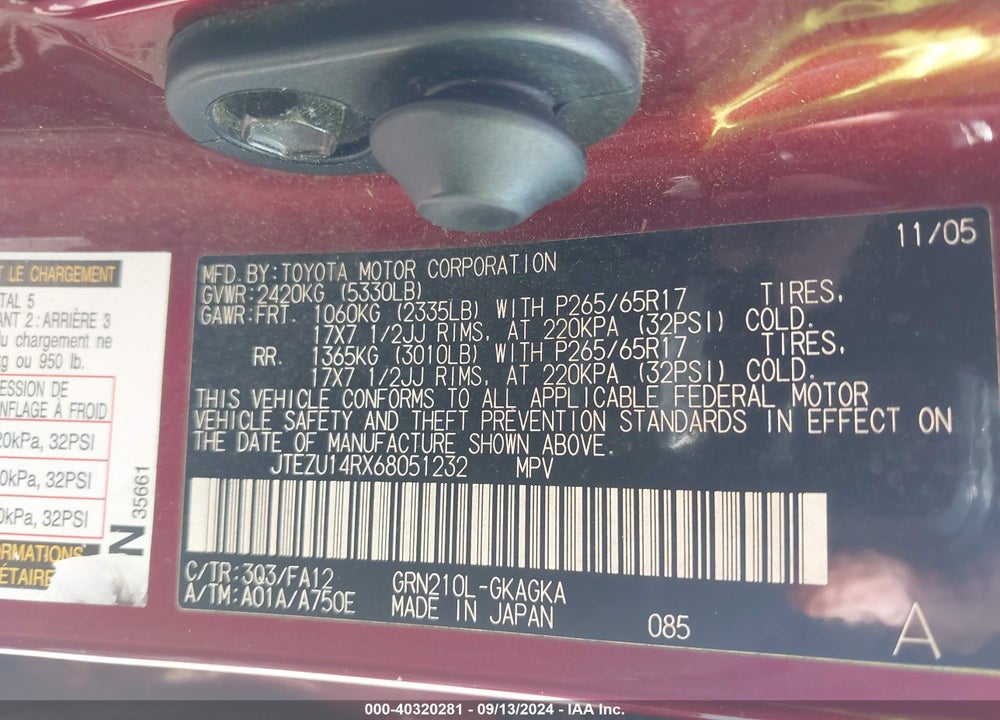 2006 TOYOTA 4RUNNER SR5 V6 VIN: JTEZU14RX68051232
