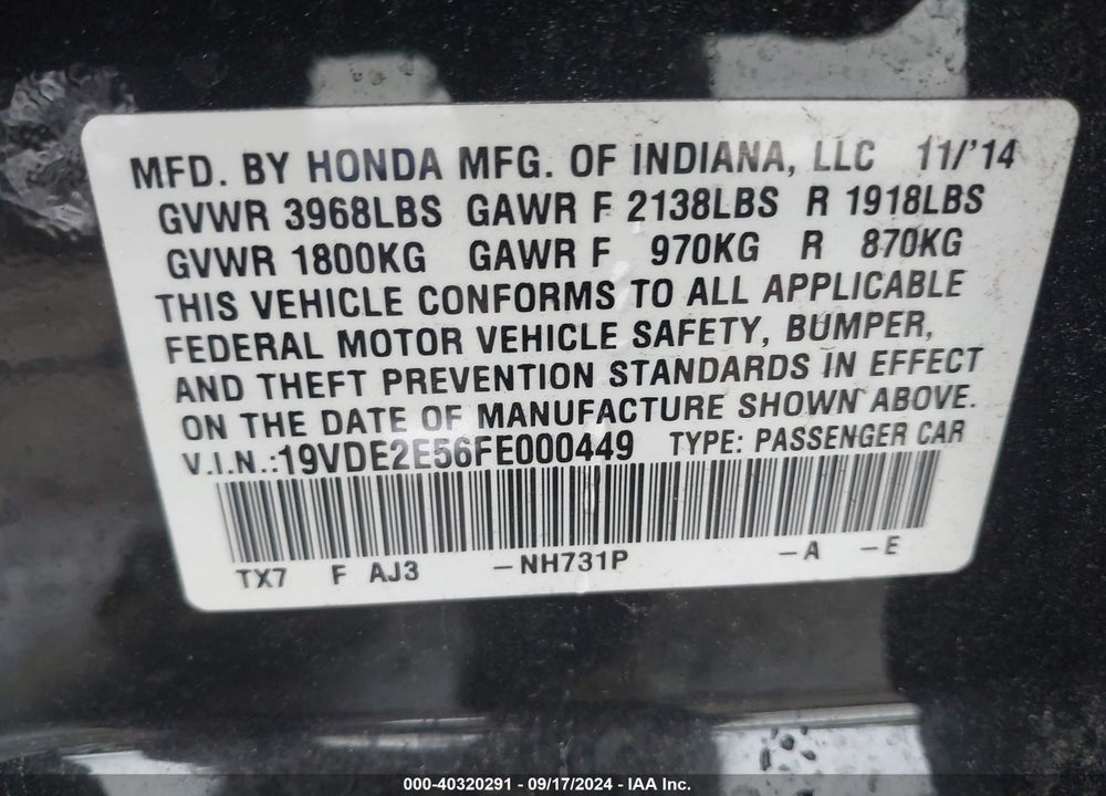 2015 ACURA ILX 2.4L VIN: 19VDE2E56FE000449