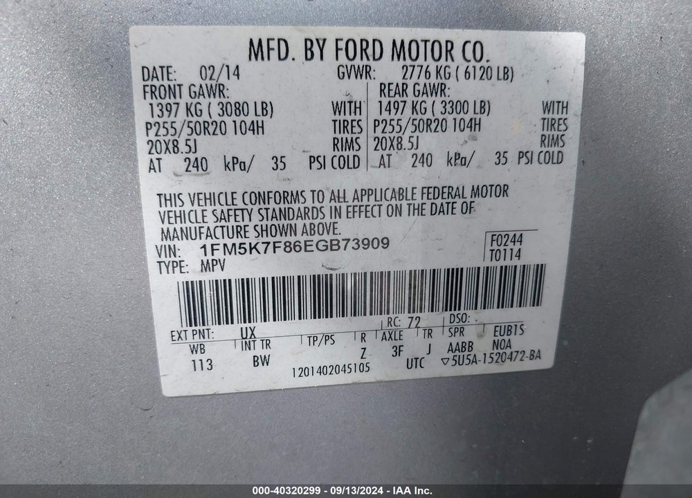 2014 FORD EXPLORER VIN: 1FM5K7F86EGB73909