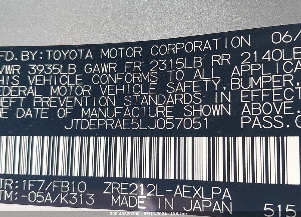 2020 TOYOTA COROLLA LE VIN: JTDEPRAE5LJ057051