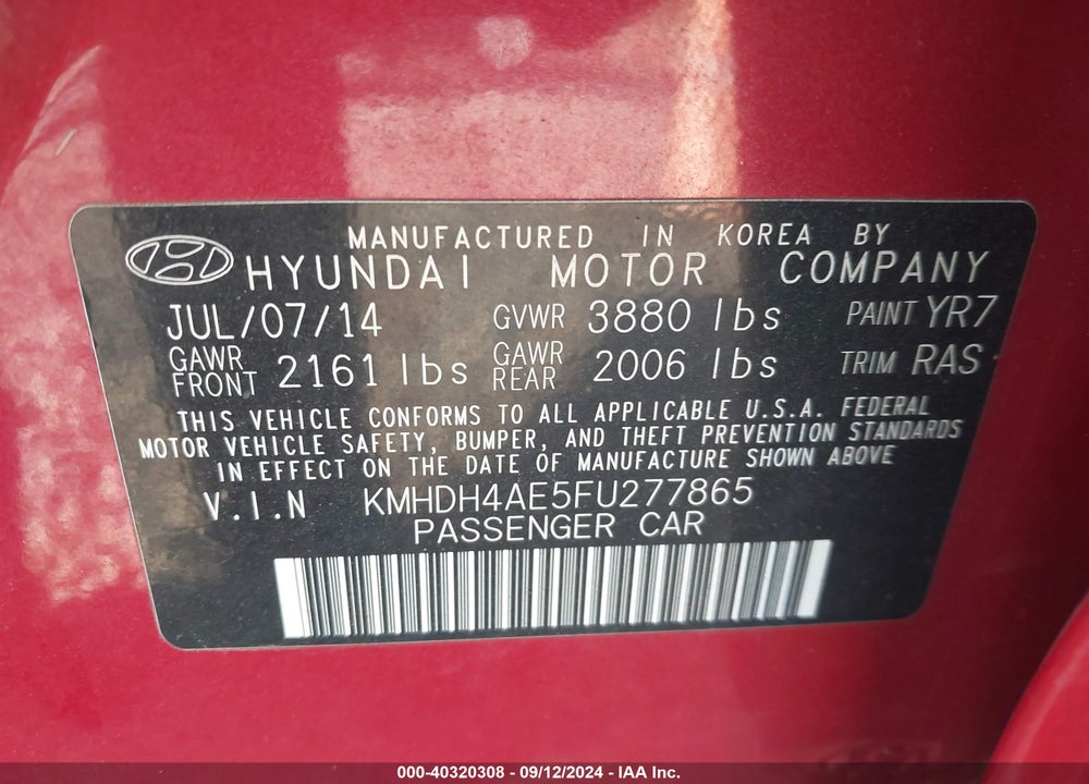 2015 HYUNDAI ELANTRA SE VIN: KMHDH4AE5FU277865