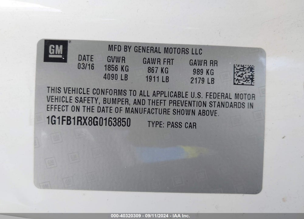 2016 CHEVROLET CAMARO 1LT VIN: 1G1FB1RX8G0163850