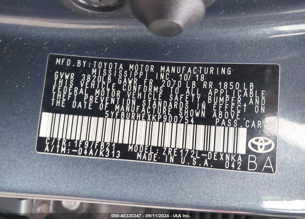 2019 TOYOTA COROLLA LE VIN: 5YFBURHEXKP900754