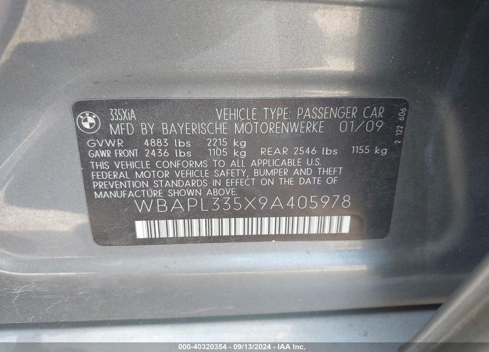 2009 BMW 335I XDRIVE VIN: WBAPL335X9A405978