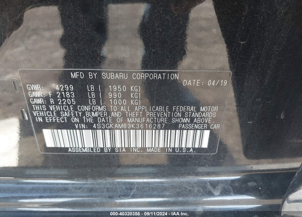 2019 SUBARU IMPREZA 2.0I SPORT VIN: 4S3GKAM63K3616287