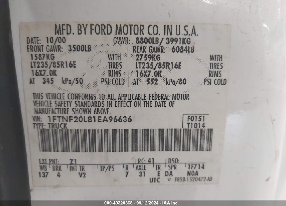 2001 FORD F-250 XL/XLT VIN: 1FTNF20L81EA96636