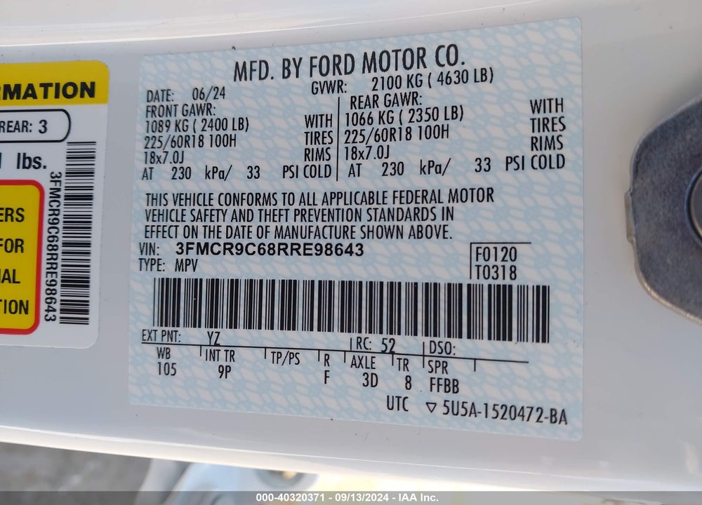 2024 FORD BRONCO SPORT OUTER BANKS VIN: 3FMCR9C68RRE98643