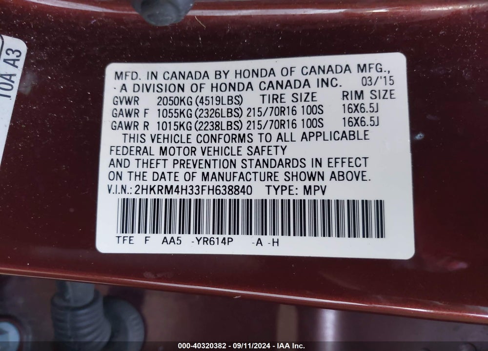 2015 HONDA CR-V LX VIN: 2HKRM4H33FH638840
