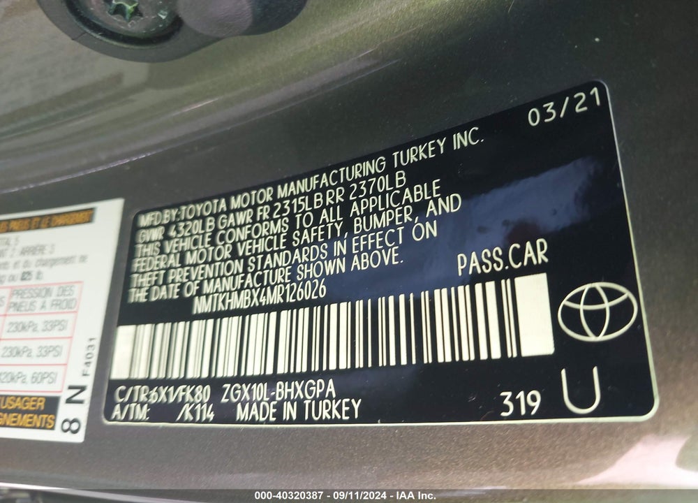 2021 TOYOTA C-HR XLE VIN: NMTKHMBX4MR126026