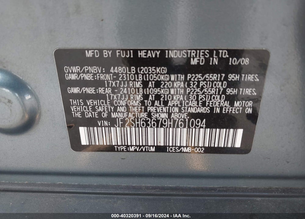 2009 SUBARU FORESTER 2.5X VIN: JF2SH63679H761094