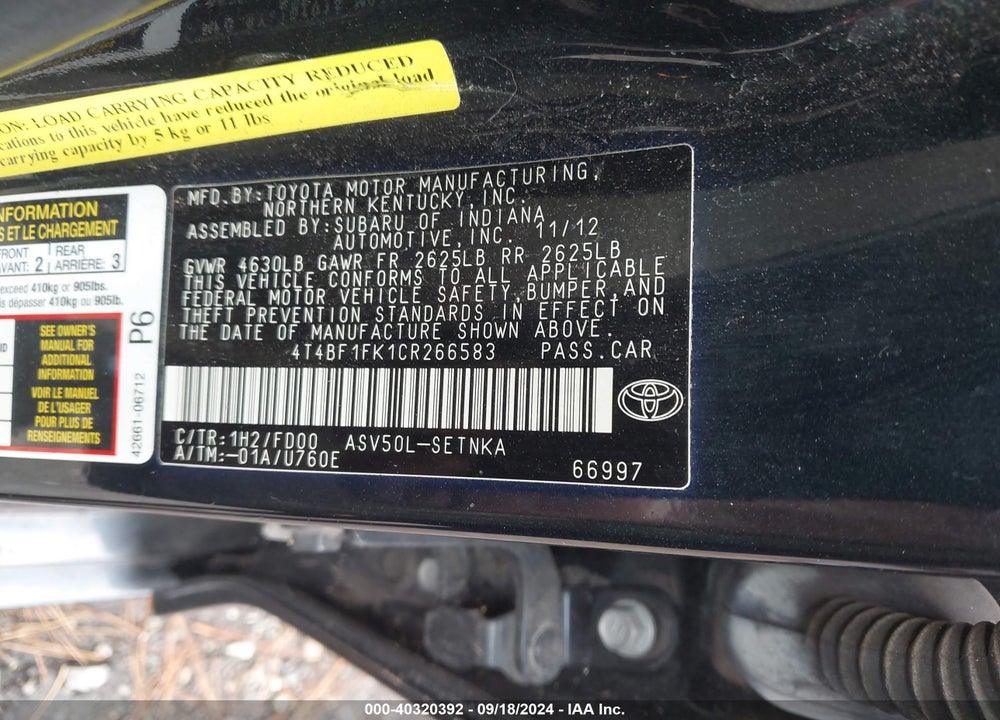 2012 TOYOTA CAMRY LE VIN: 4T4BF1FK1CR266583