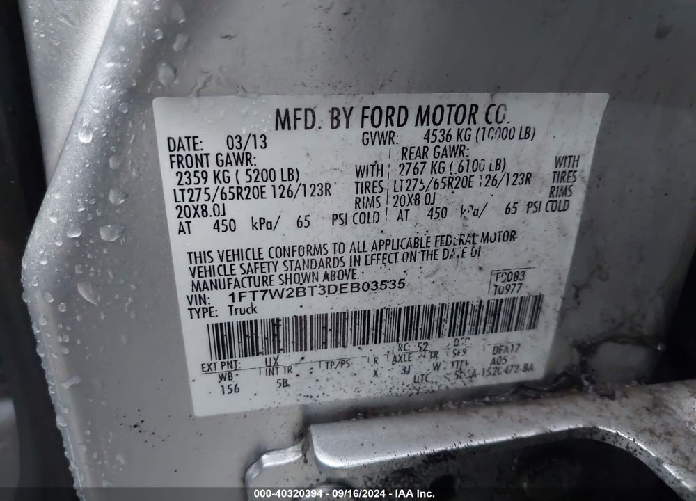 2013 FORD F-250 LARIAT VIN: 1FT7W2BT3DEB03535