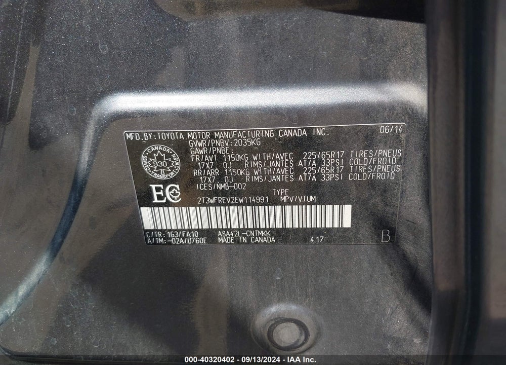 2014 TOYOTA RAV4 XLE VIN: 2T3WFREV2EW114991